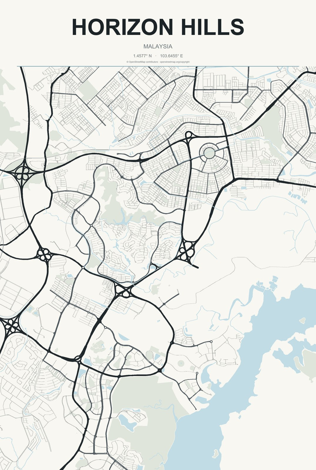 Horizon Hills, Malaysia City Map Aluminum Sign in Headline Atlas style