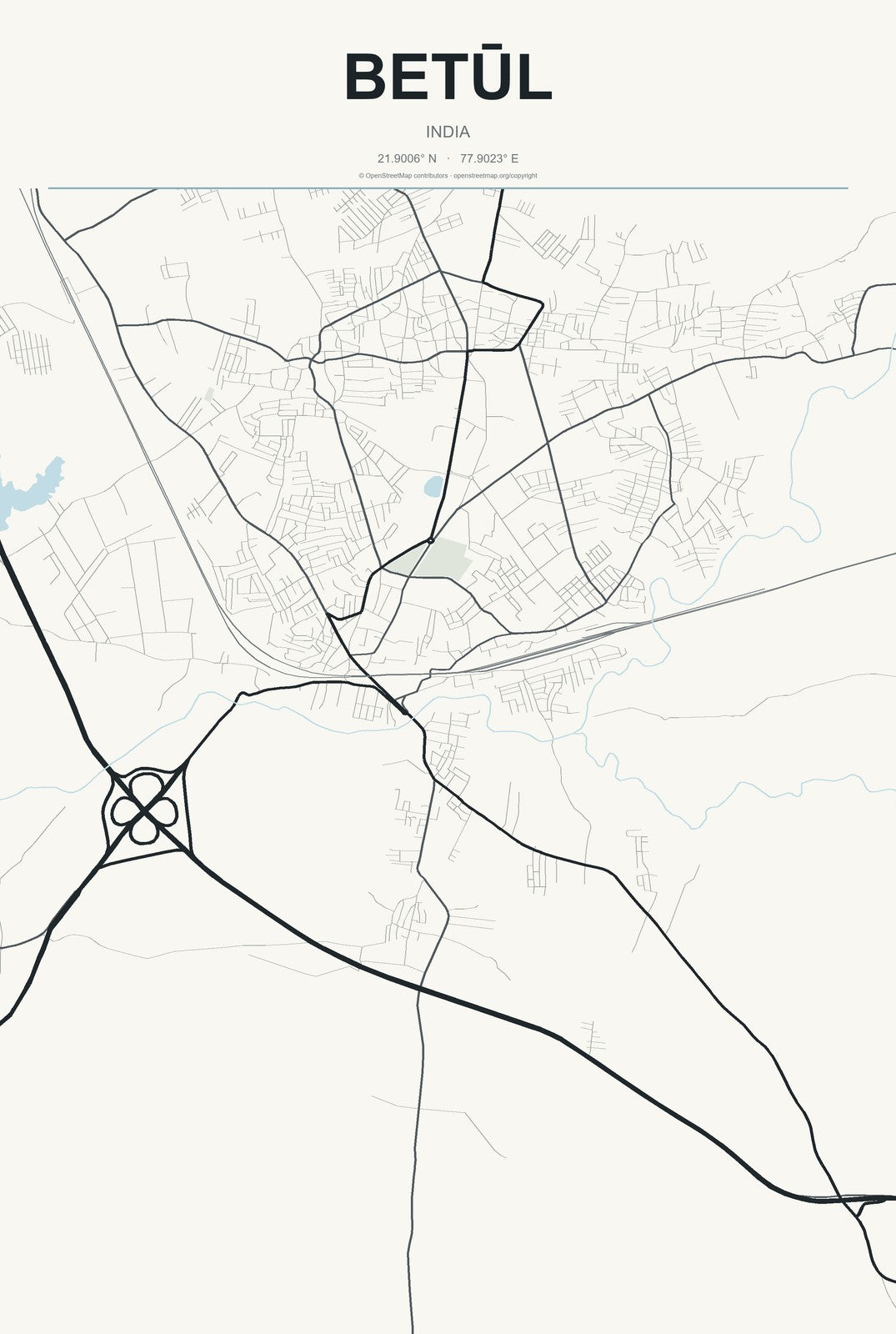 Betūl, India City Map Aluminum Sign in Headline Atlas style