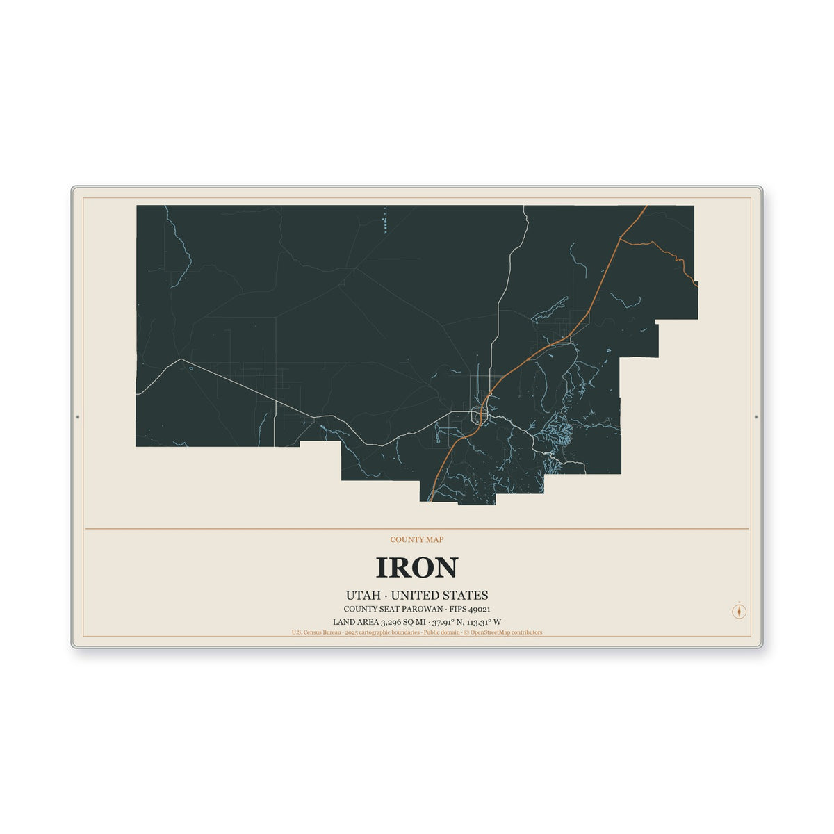 Iron County, Utah Map Aluminum Sign in Headline Atlas style