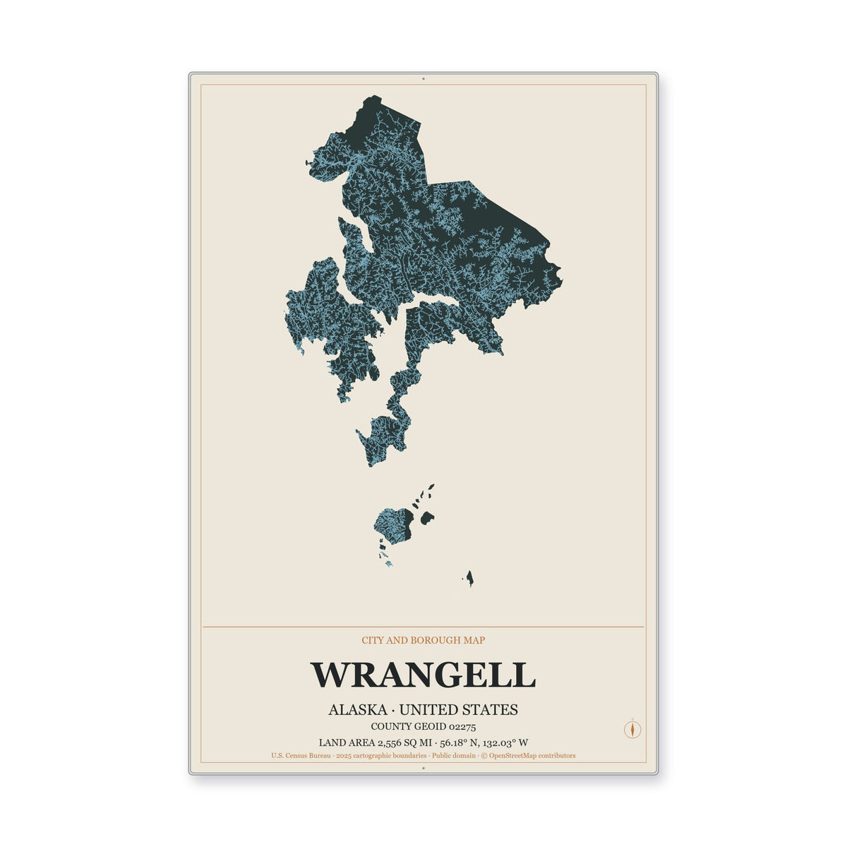 Wrangell City and Borough, Alaska Map Aluminum Sign in Headline Atlas style