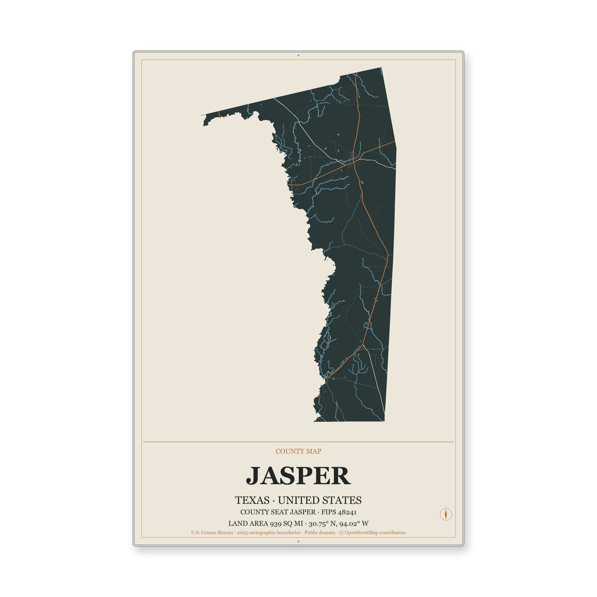 Jasper County, Texas Map Aluminum Sign in Headline Atlas style