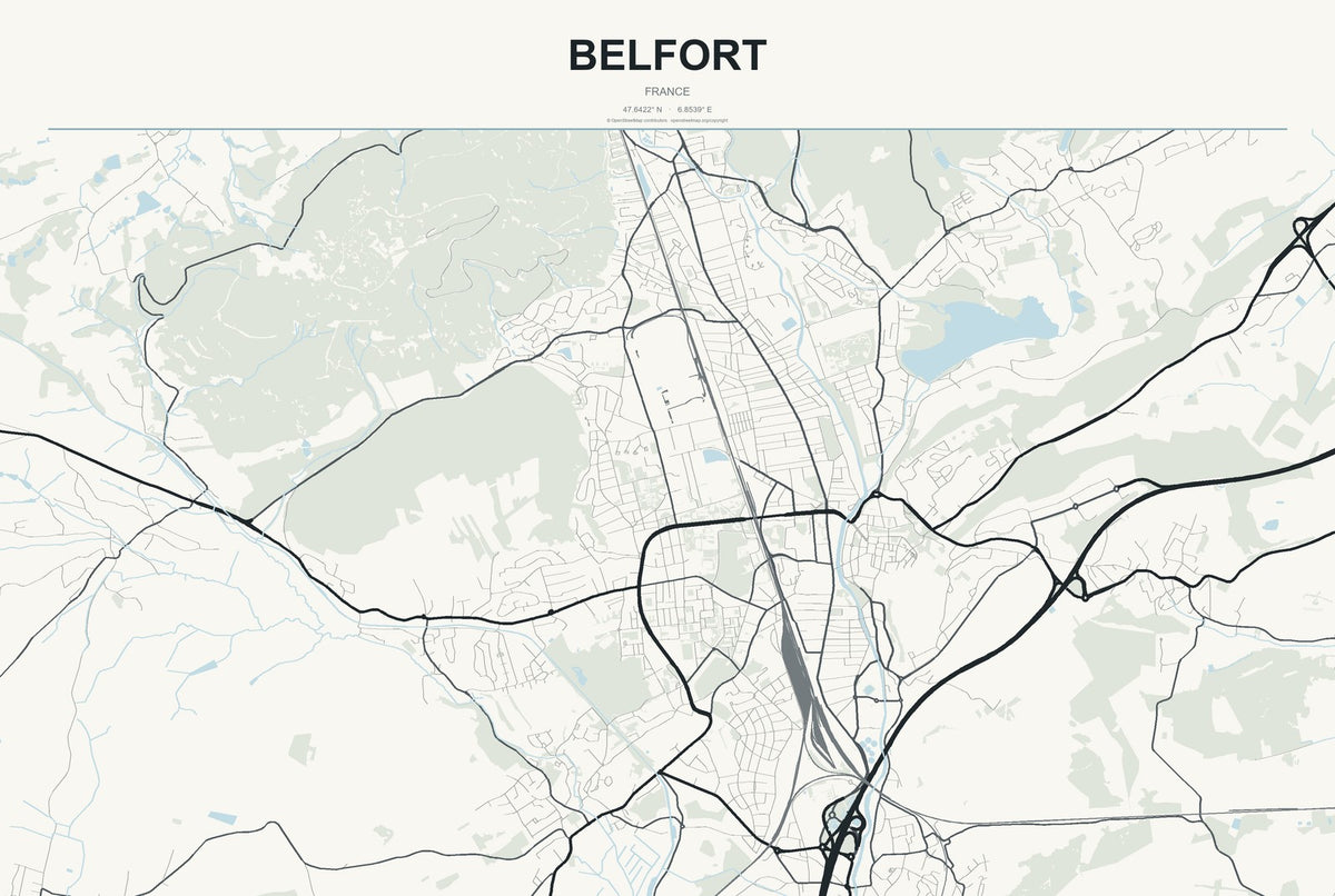 Belfort, France City Map Aluminum Sign in Headline Atlas style
