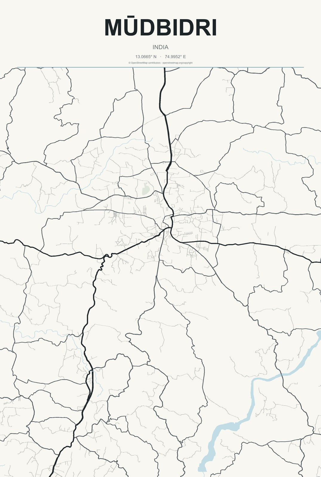 Mūdbidri, India City Map Aluminum Sign in Headline Atlas style