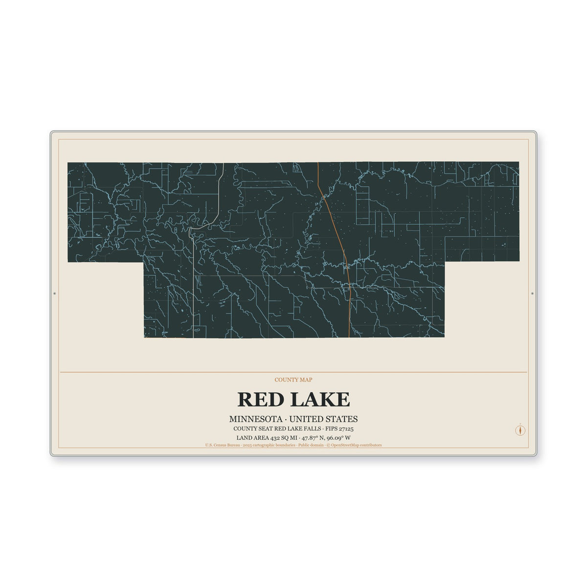 Red Lake County, Minnesota Map Aluminum Sign in Headline Atlas style