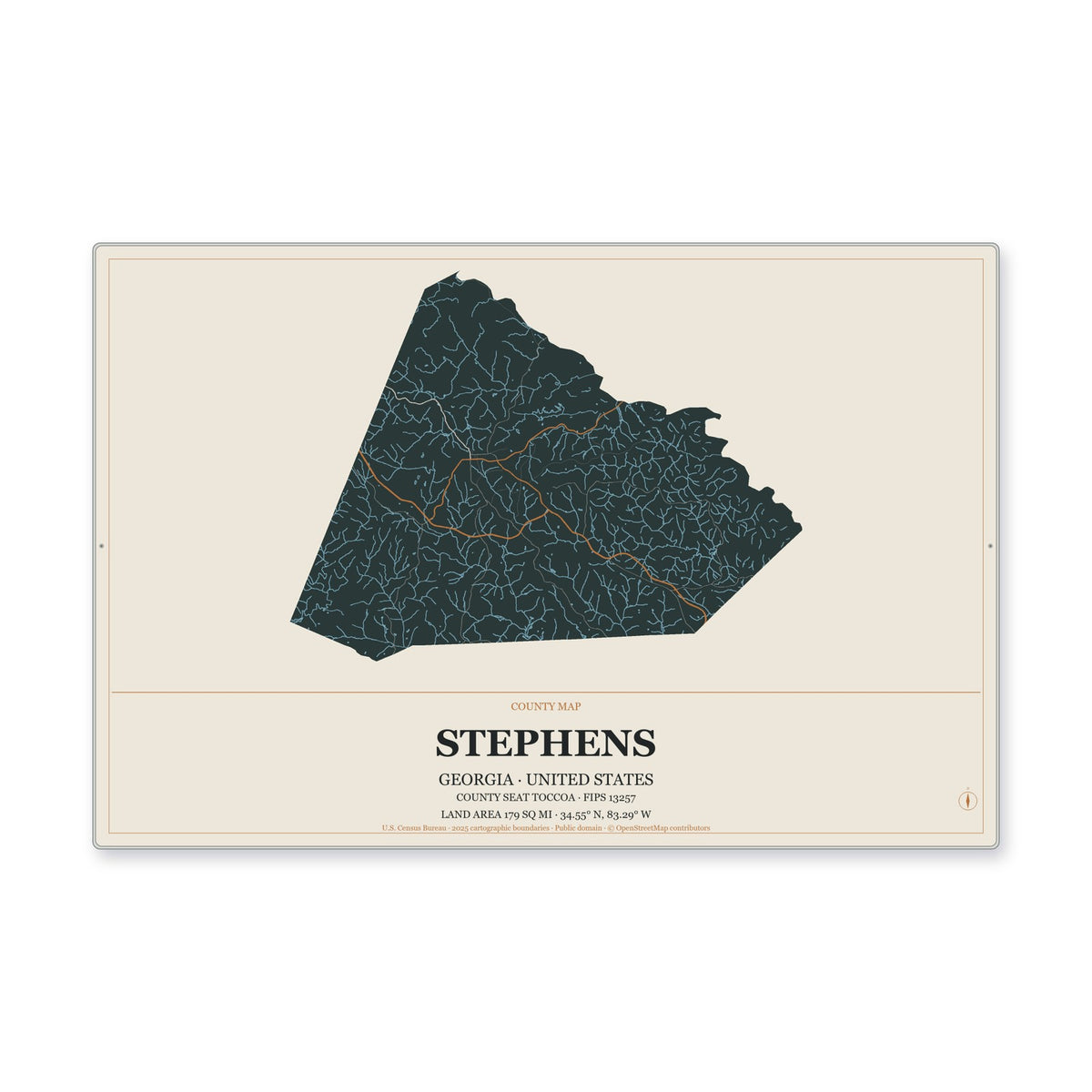 Stephens County, Georgia Map Aluminum Sign in Headline Atlas style