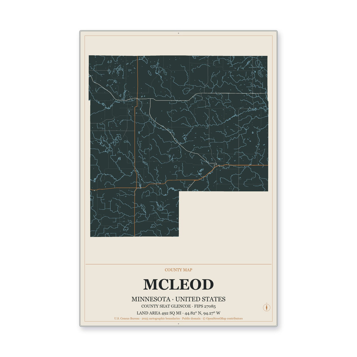 McLeod County, Minnesota Map Aluminum Sign in Headline Atlas style
