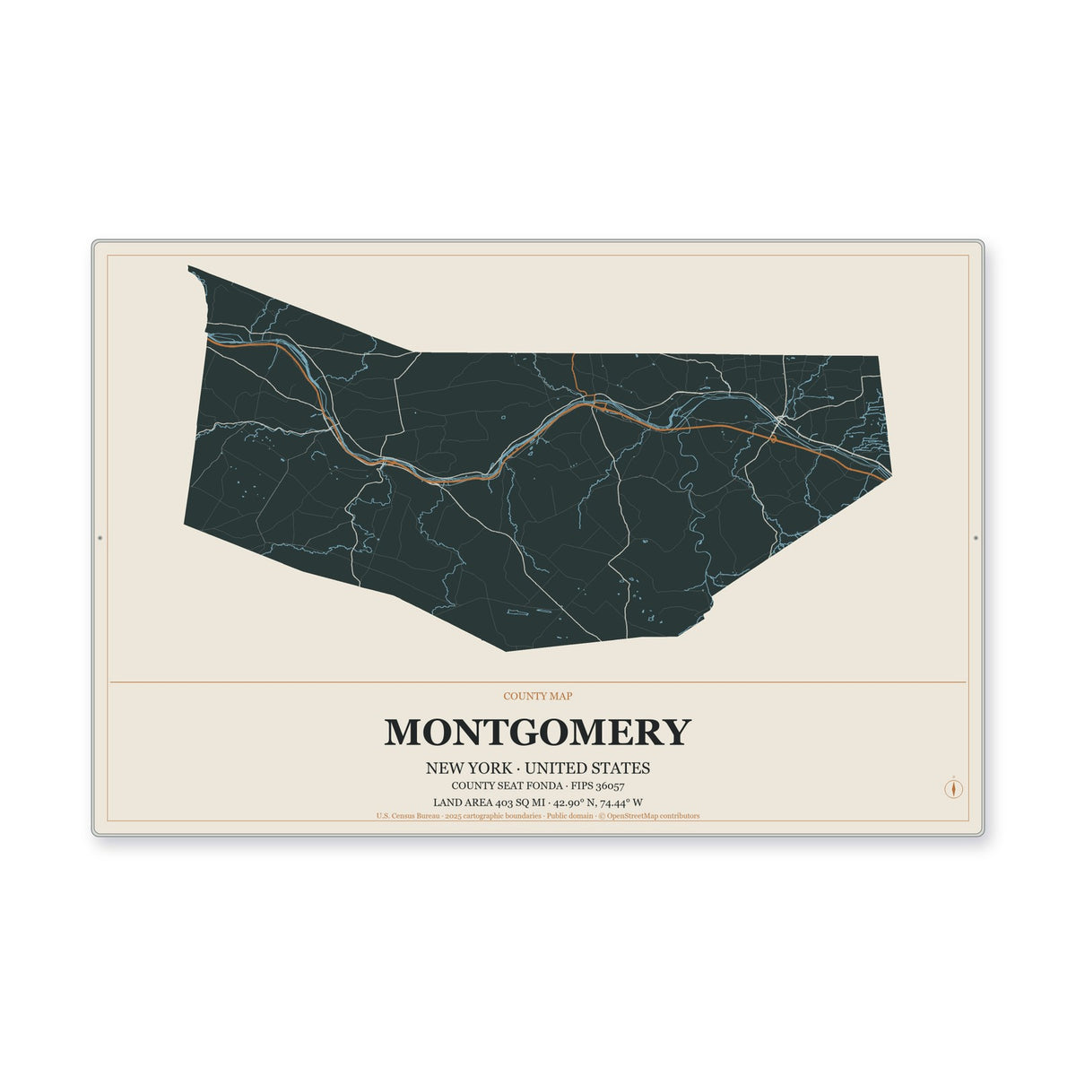 Montgomery County, New York Map Aluminum Sign in Headline Atlas style