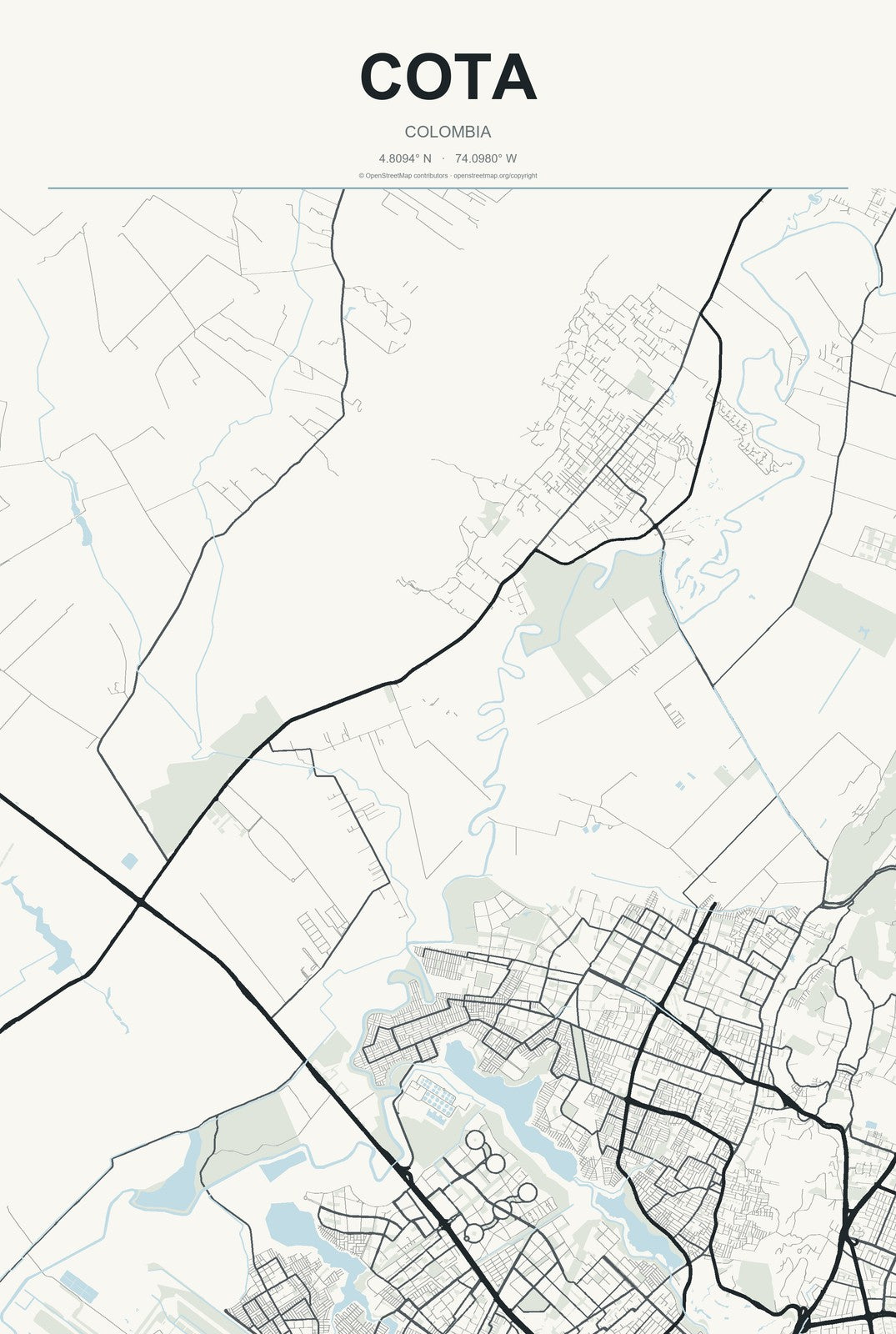 Cota, Colombia City Map Aluminum Sign in Headline Atlas style
