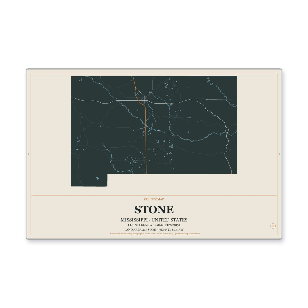 Stone County, Mississippi Map Aluminum Sign in Headline Atlas style