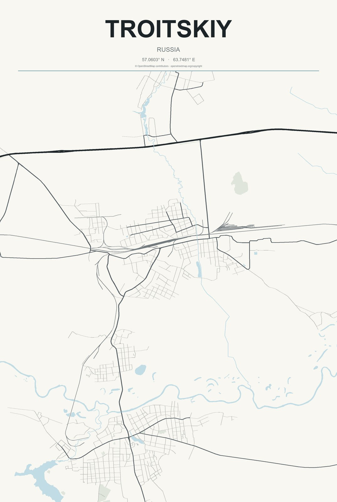 Troitskiy, Russia City Map Aluminum Sign in Headline Atlas style