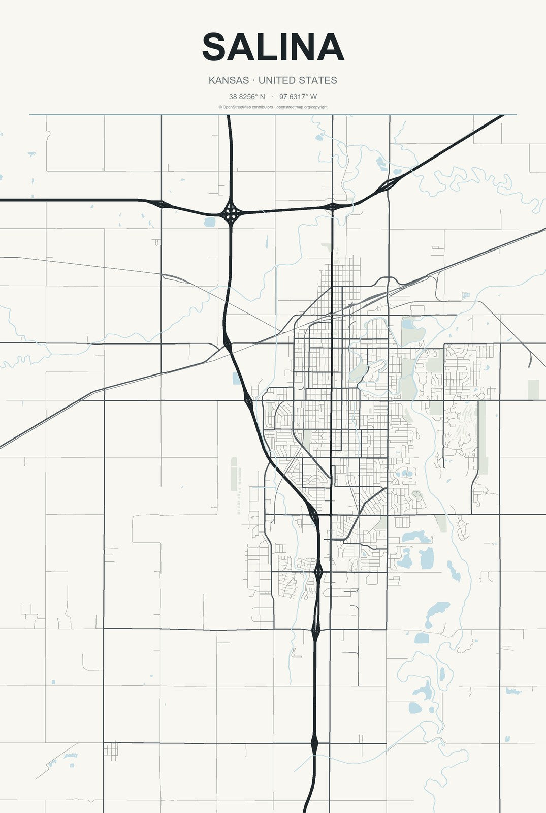 Salina, Kansas City Map Aluminum Sign in Headline Atlas style