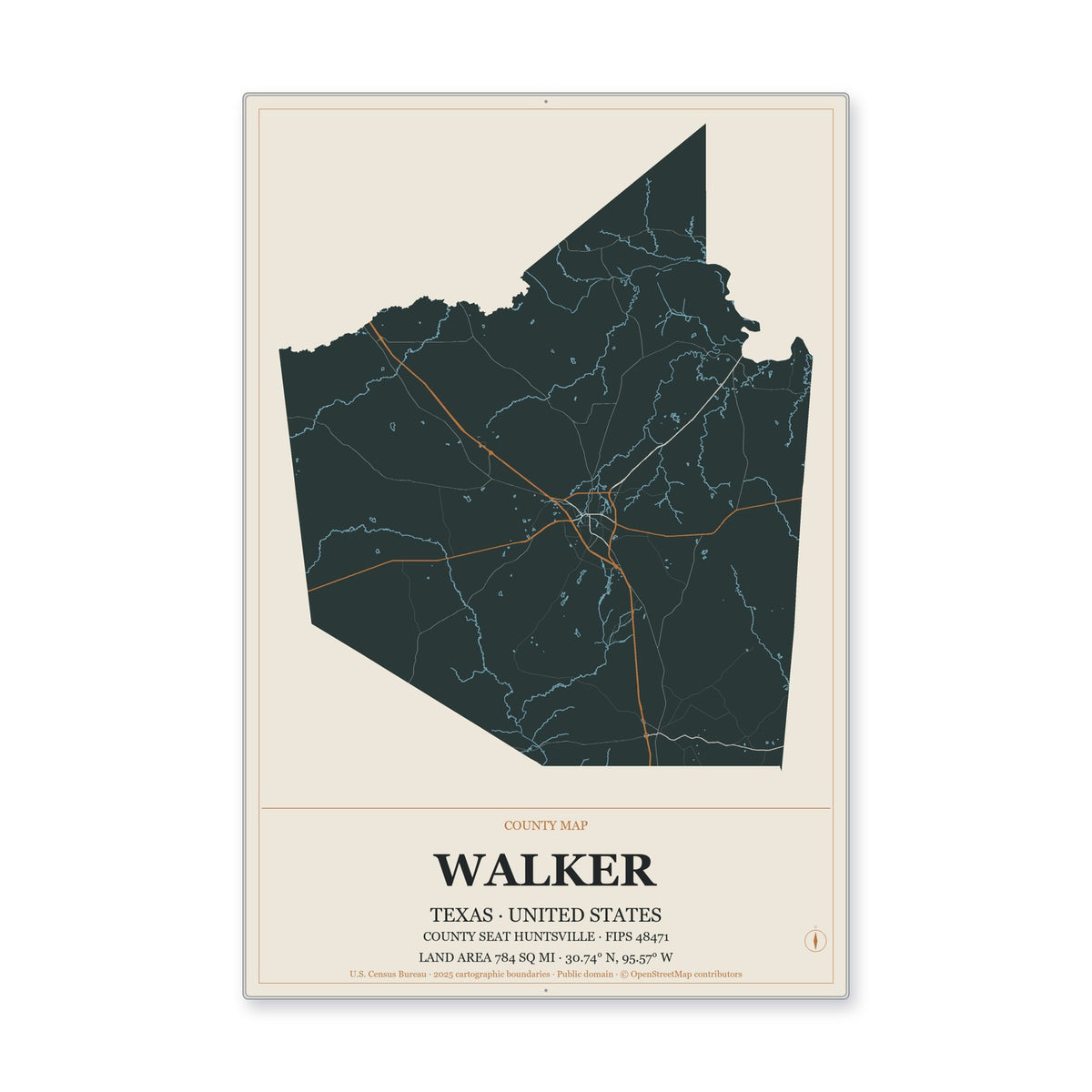 Walker County, Texas Map Aluminum Sign in Headline Atlas style
