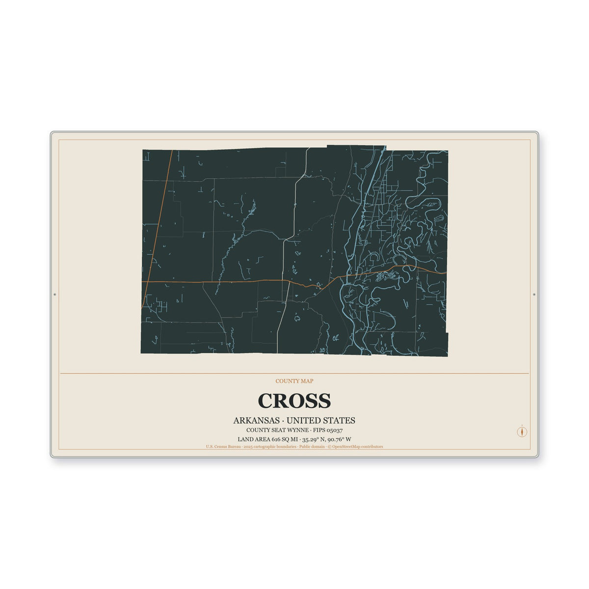 Cross County, Arkansas Map Aluminum Sign in Headline Atlas style