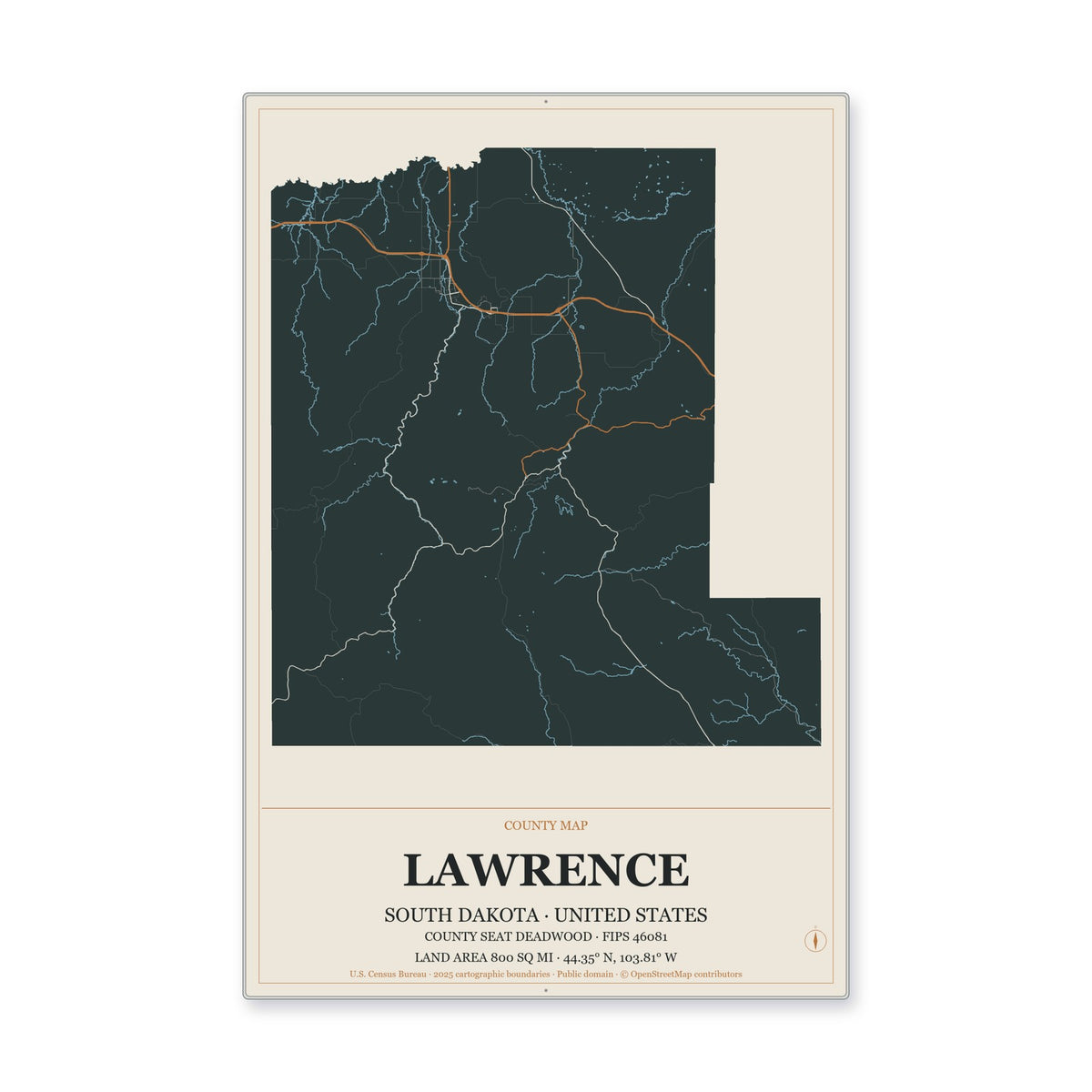 Lawrence County, South Dakota Map Aluminum Sign in Headline Atlas style