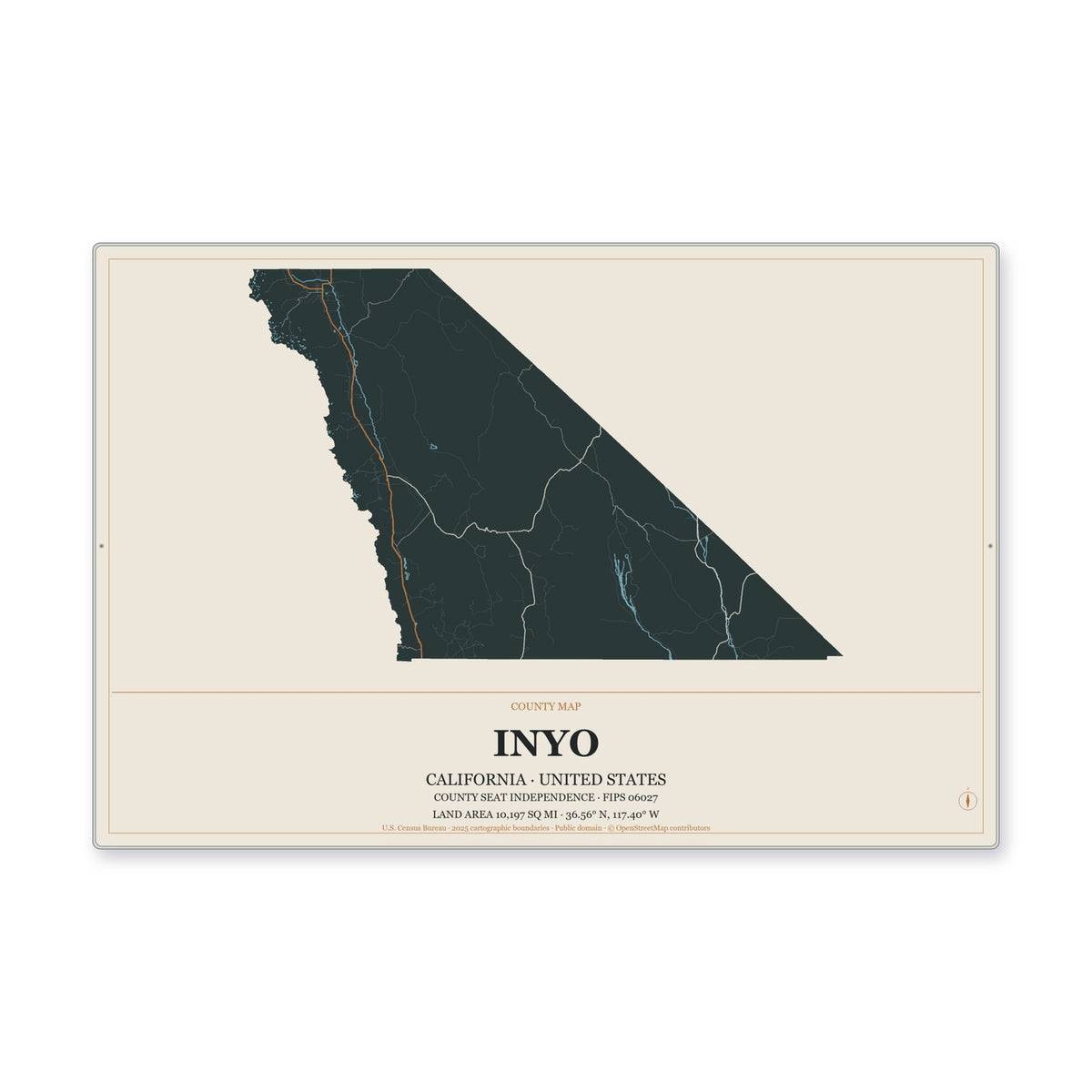 Inyo County, California Map Aluminum Sign in Headline Atlas style