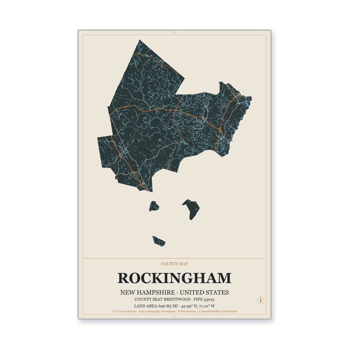 Rockingham County, New Hampshire Map Aluminum Sign in Headline Atlas style