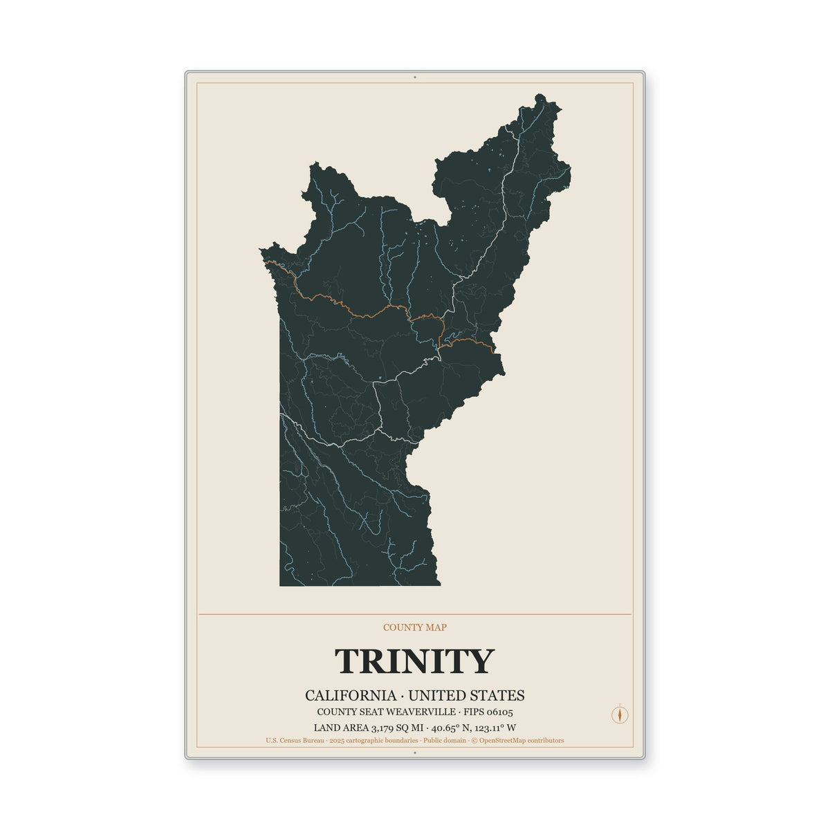 Trinity County, California Map Aluminum Sign in Headline Atlas style