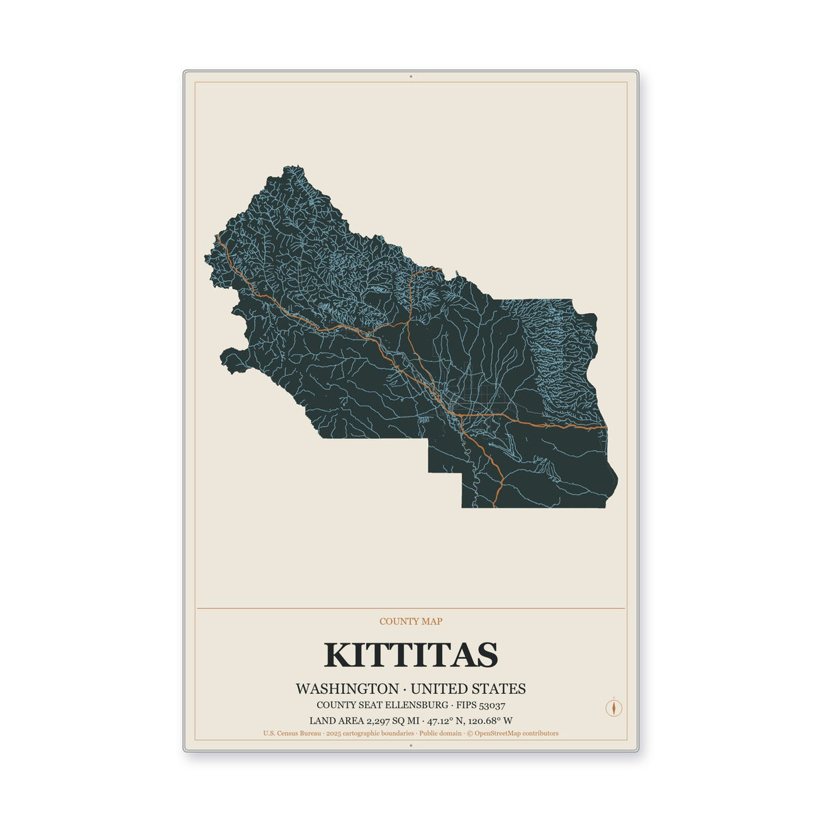 Kittitas County, Washington Map Aluminum Sign in Headline Atlas style