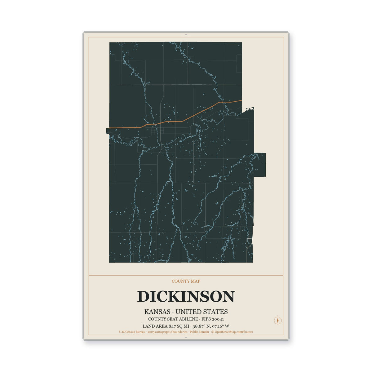 Dickinson County, Kansas Map Aluminum Sign in Headline Atlas style