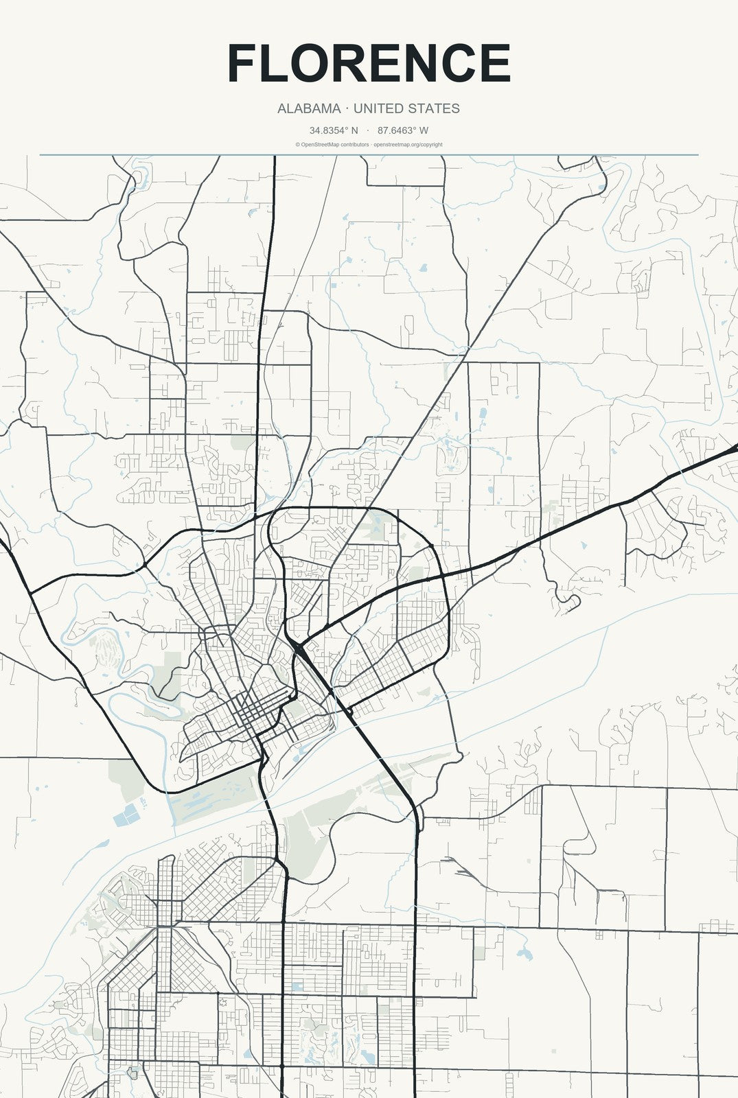 Florence, Alabama City Map Aluminum Sign in Headline Atlas style