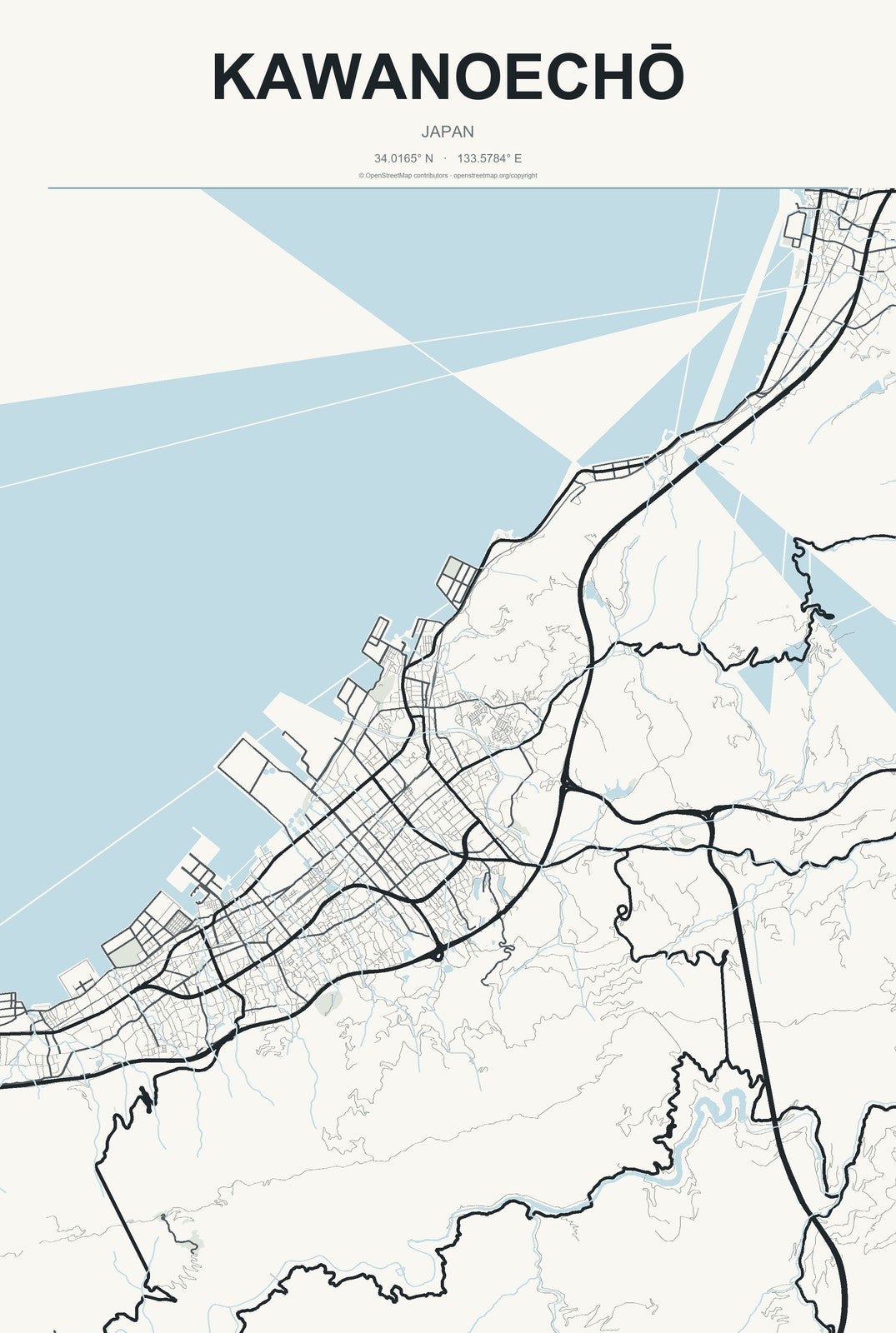 Kawanoechō, Japan City Map Aluminum Sign in Headline Atlas style