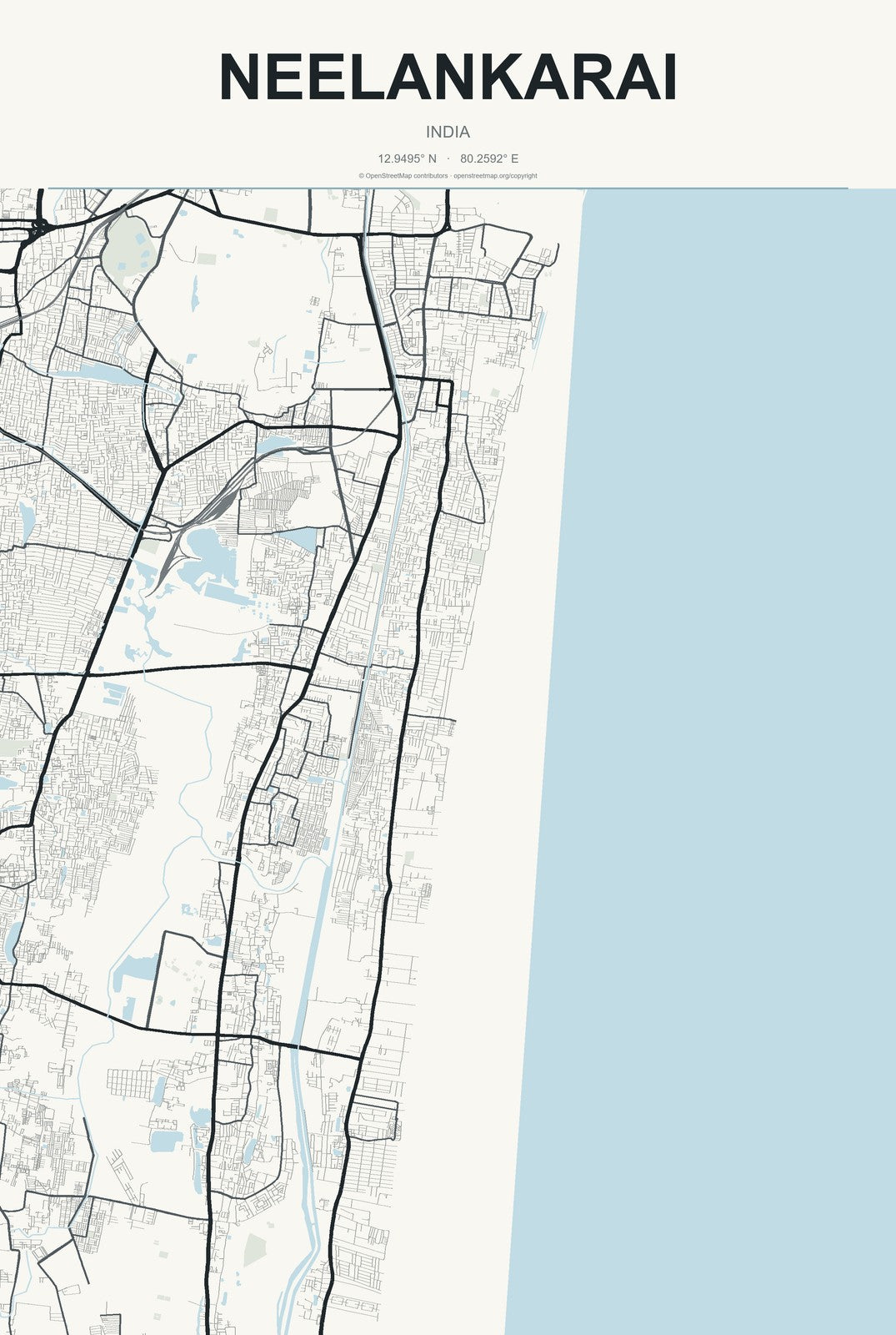 Neelankarai, India City Map Aluminum Sign in Headline Atlas style