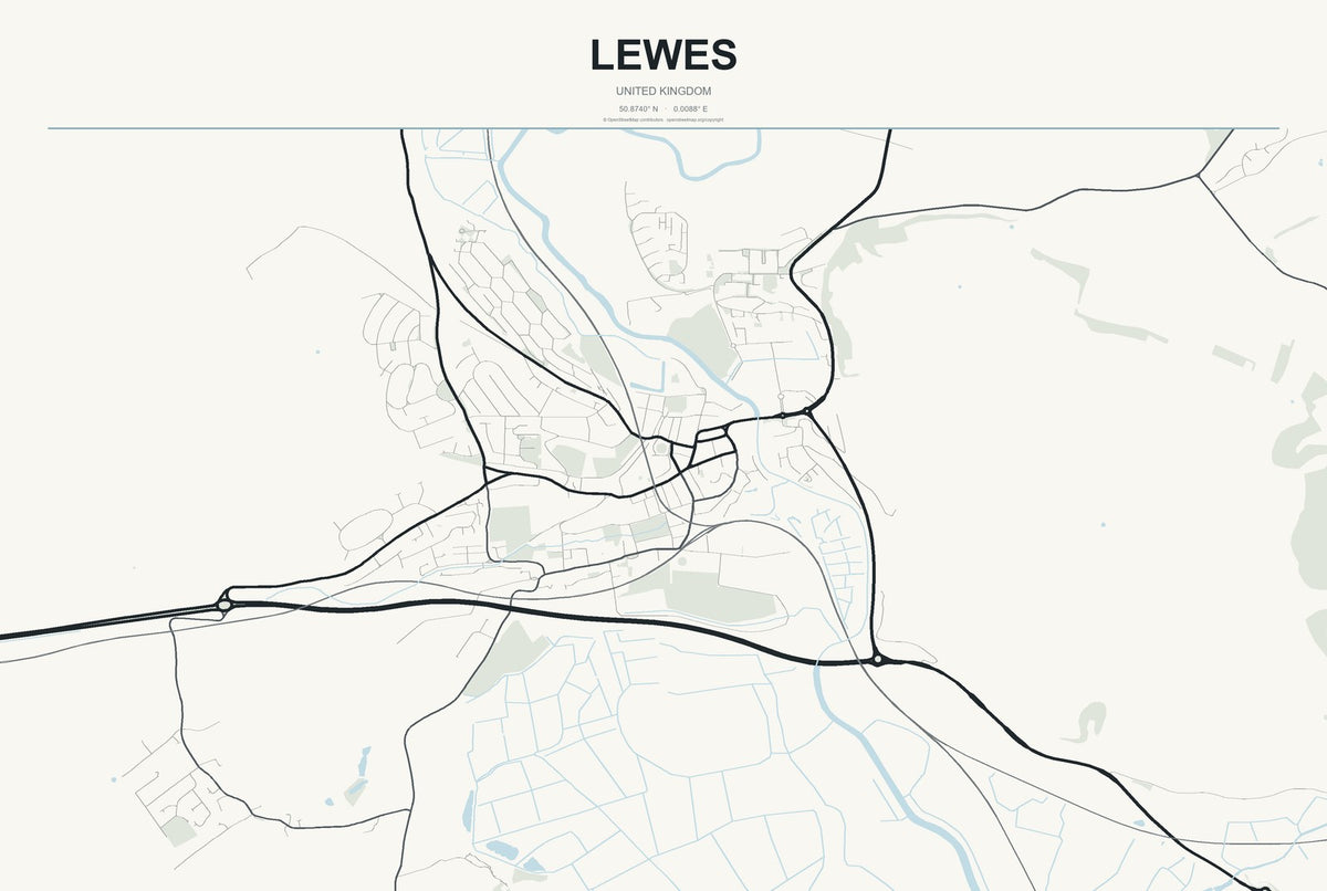 Lewes, United Kingdom City Map Aluminum Sign in Headline Atlas style