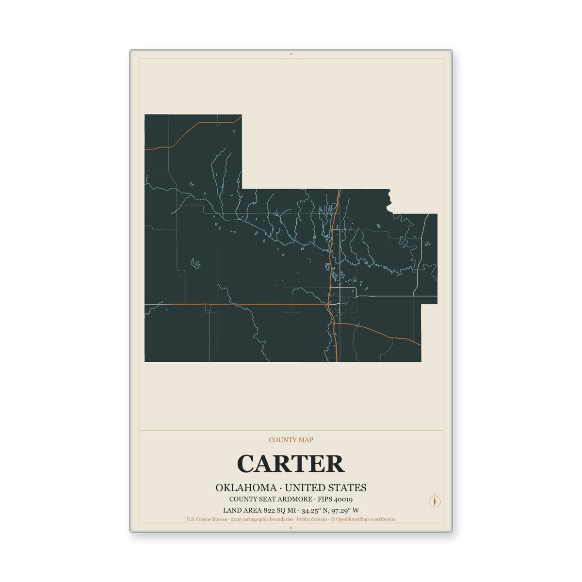 Carter County, Oklahoma Map Aluminum Sign in Headline Atlas style