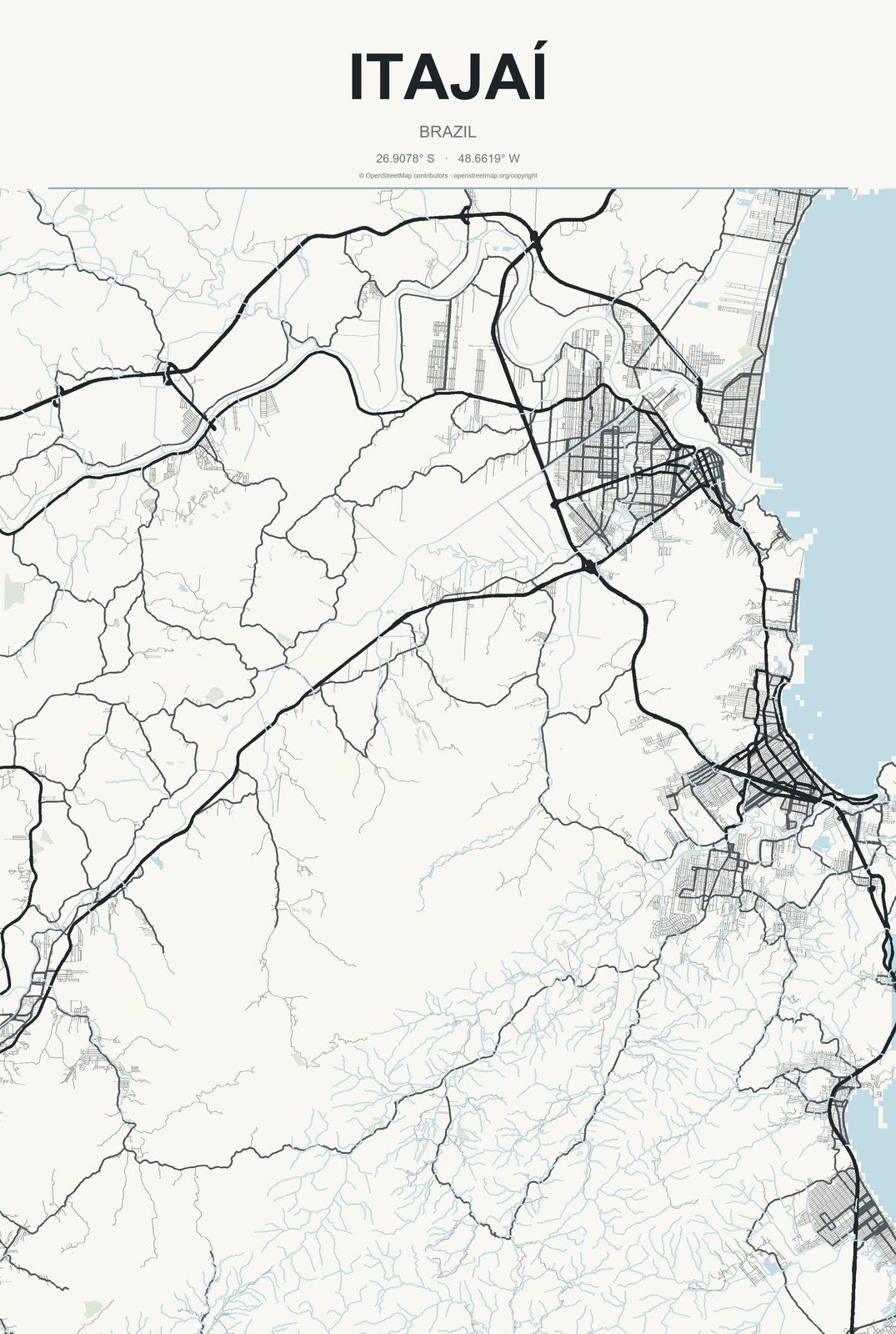 Itajaí, Brazil City Map Aluminum Sign in Headline Atlas style