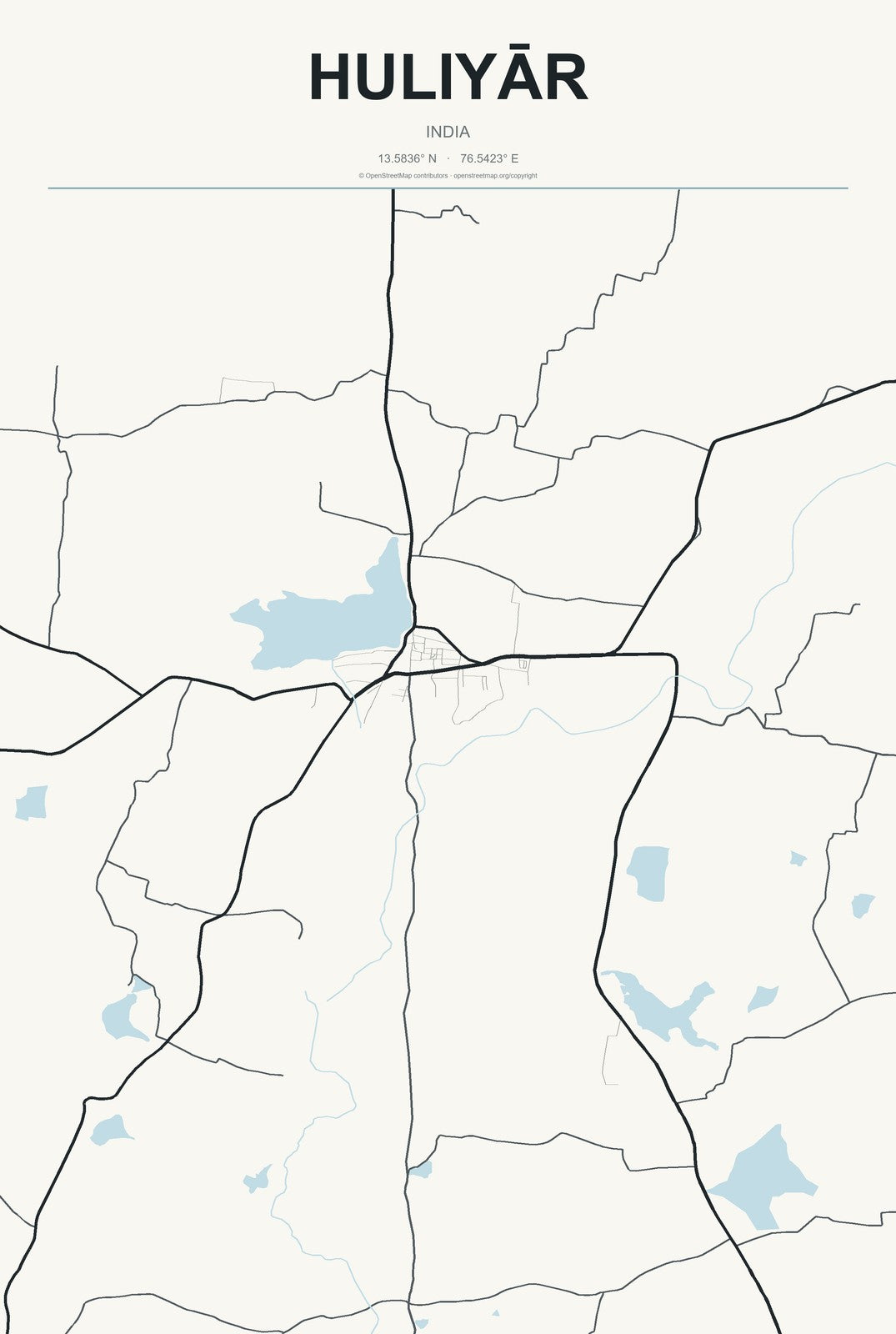 Huliyār, India City Map Aluminum Sign in Headline Atlas style