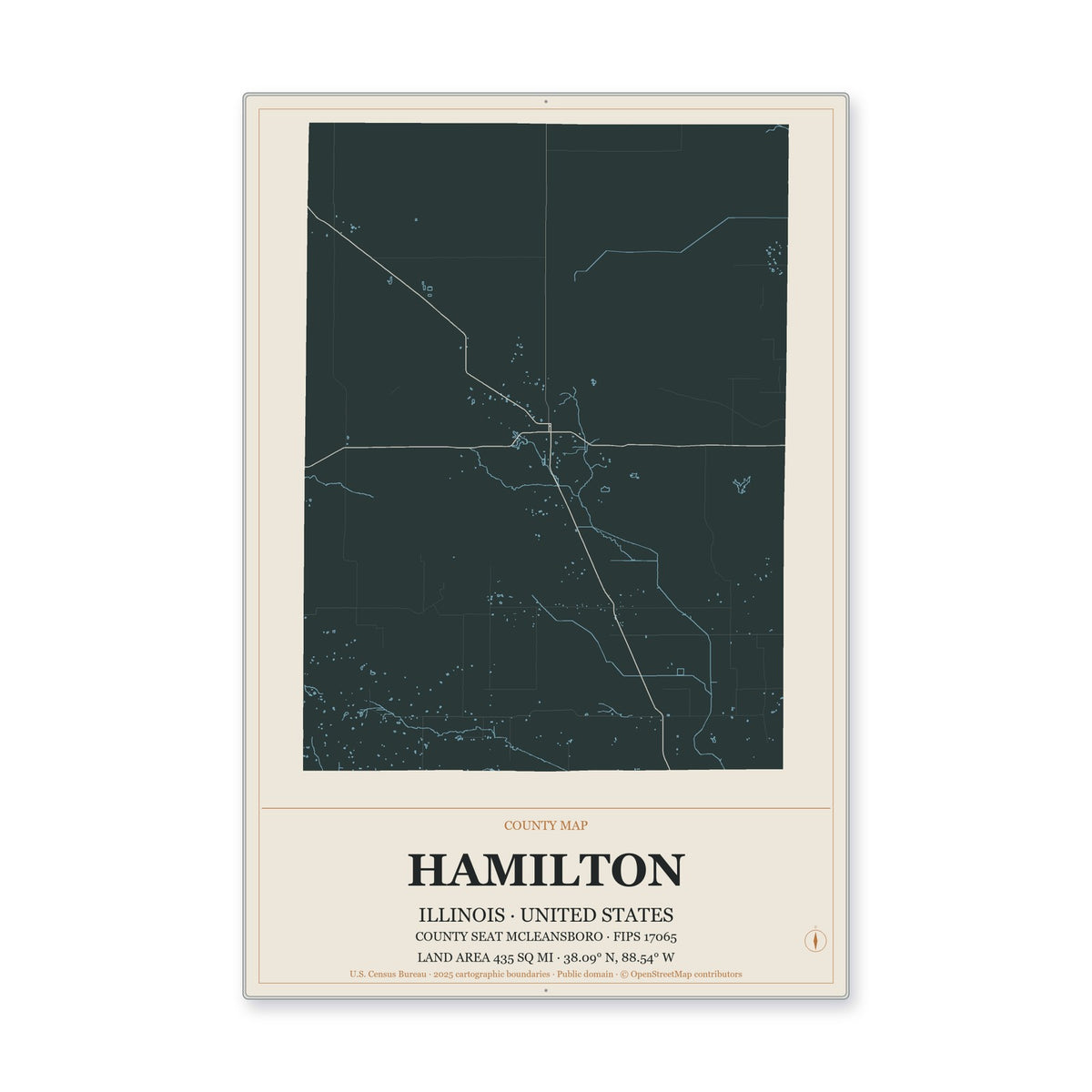 Hamilton County, Illinois Map Aluminum Sign in Headline Atlas style