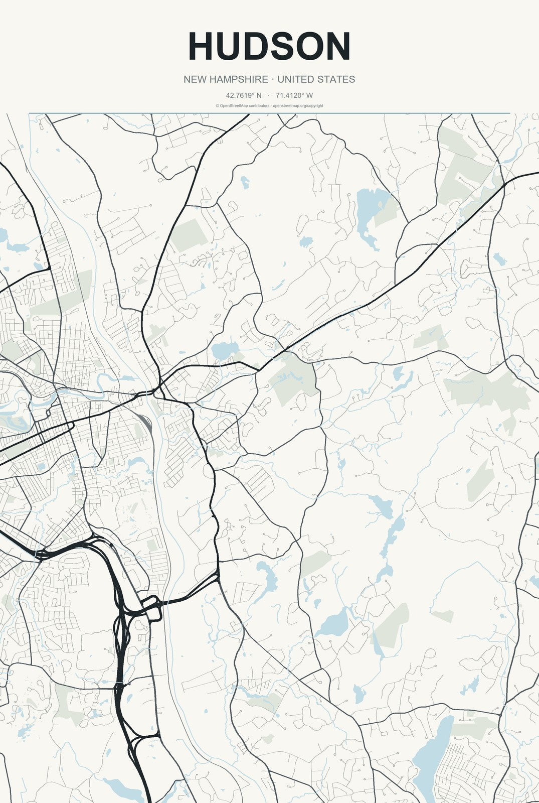 Hudson, New Hampshire City Map Aluminum Sign in Headline Atlas style
