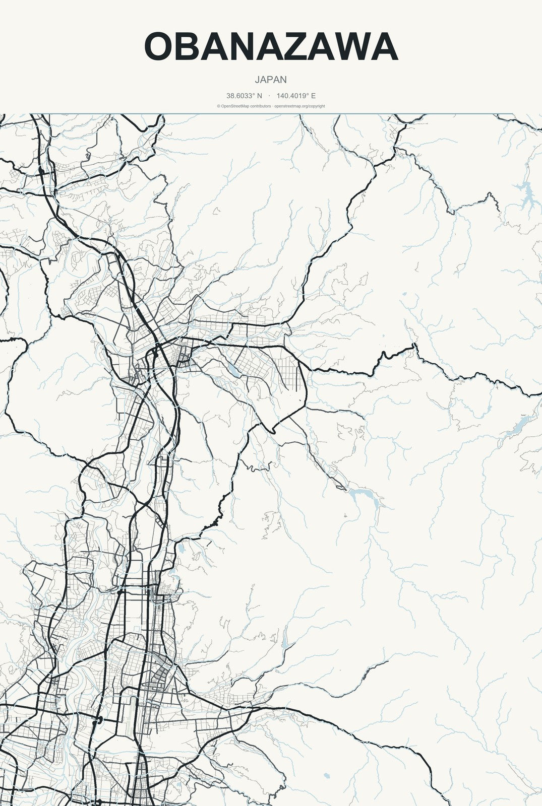 Obanazawa, Japan City Map Aluminum Sign in Headline Atlas style