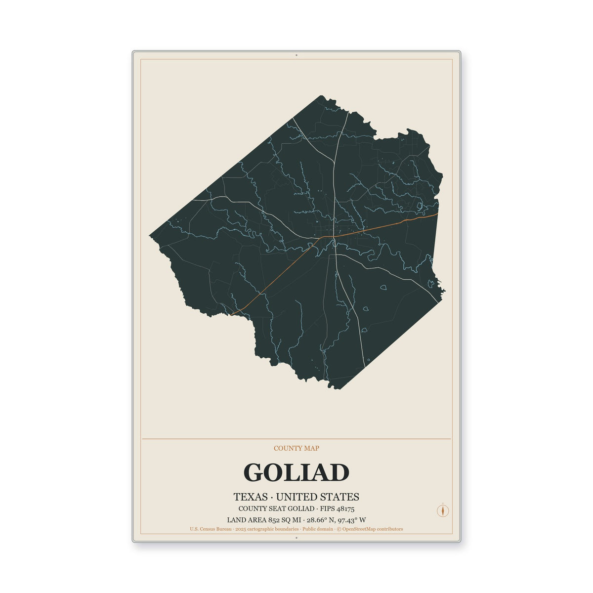 Goliad County, Texas Map Aluminum Sign in Headline Atlas style