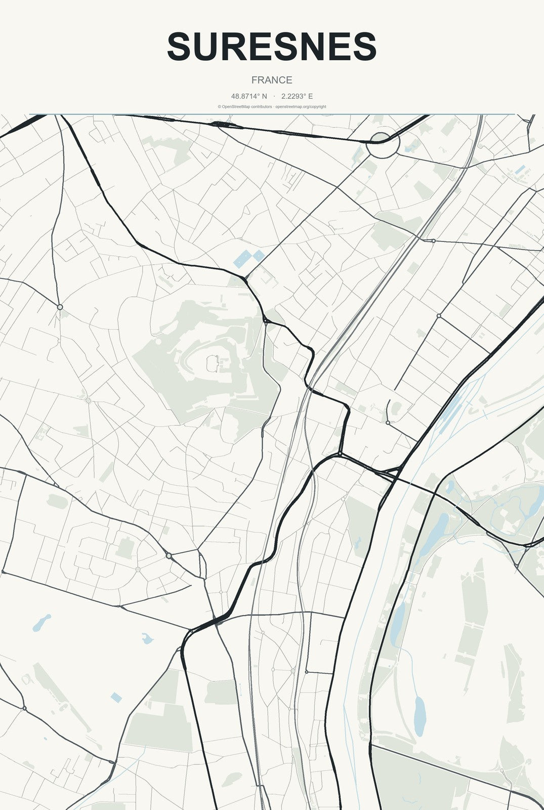 Suresnes, France City Map Aluminum Sign in Headline Atlas style