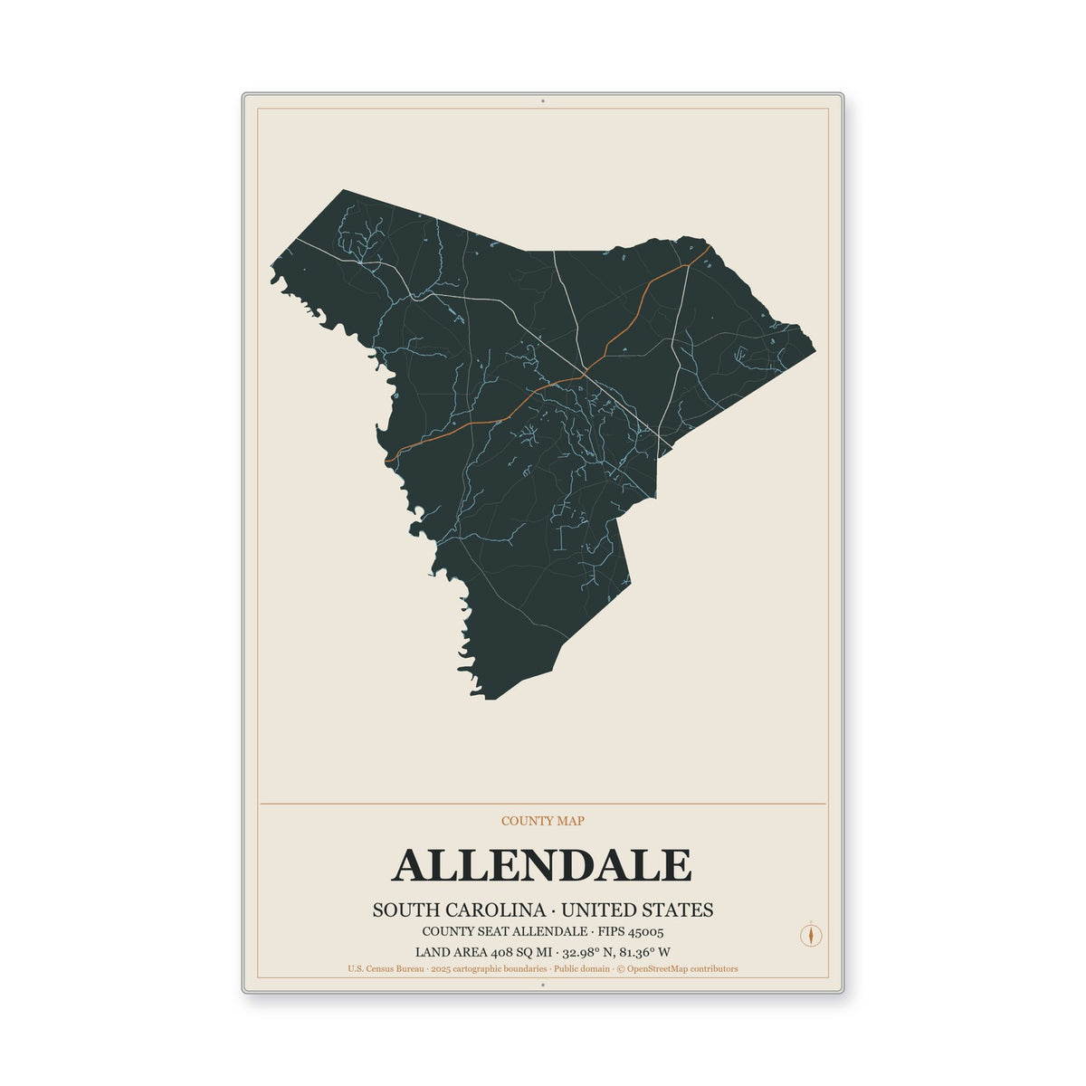 Allendale County, South Carolina Map Aluminum Sign in Headline Atlas style