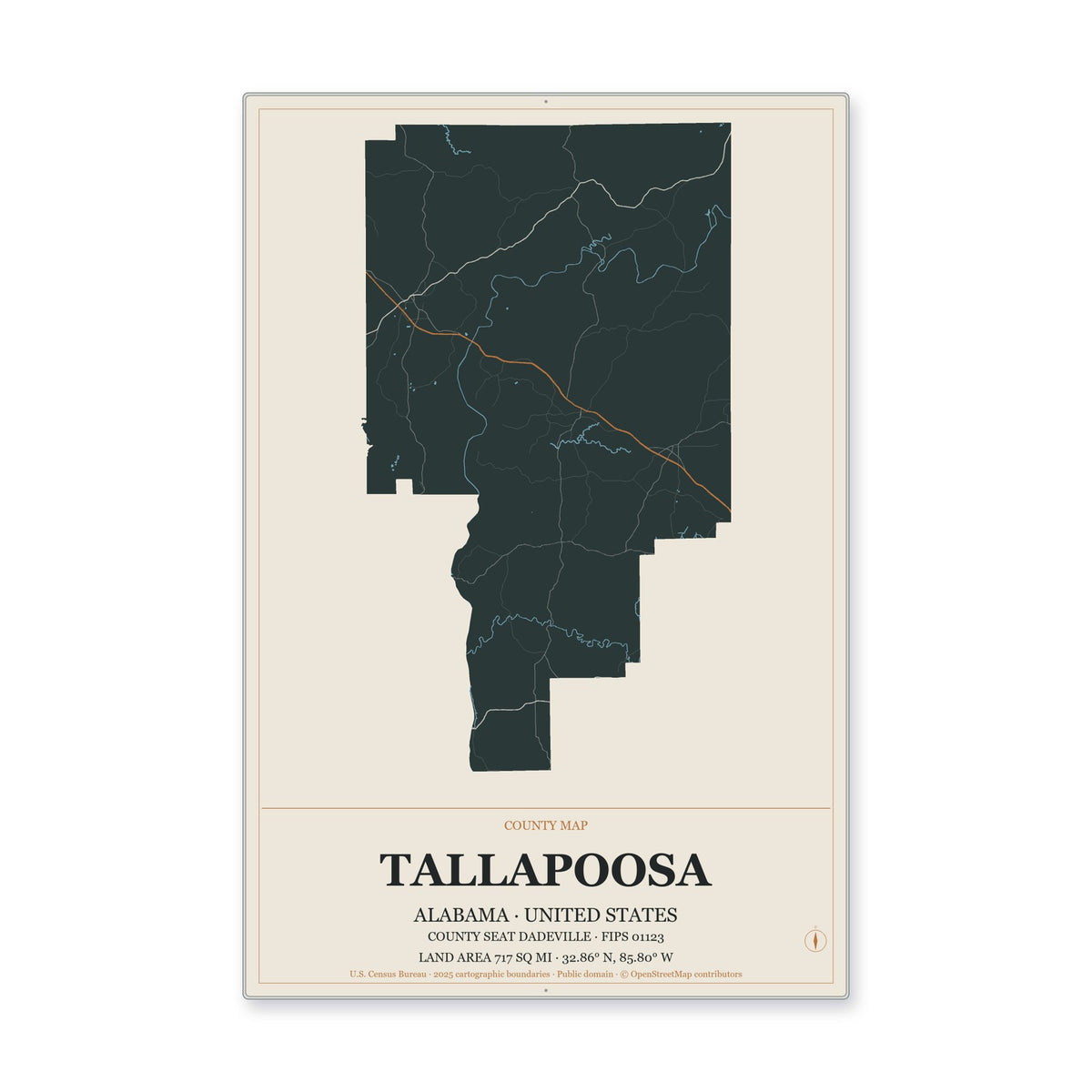 Tallapoosa County, Alabama Map Aluminum Sign in Headline Atlas style