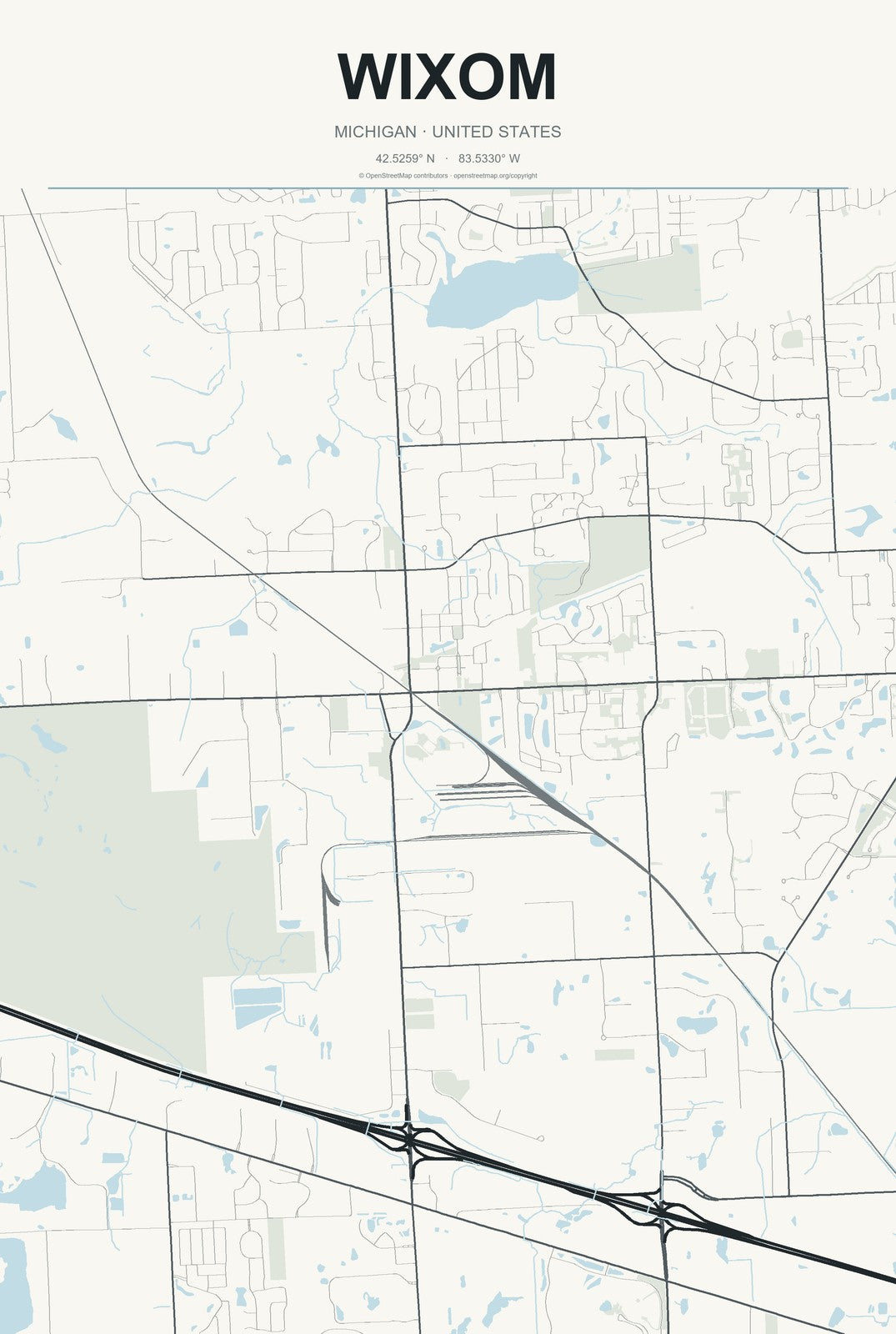 Wixom, Michigan City Map Aluminum Sign in Headline Atlas style