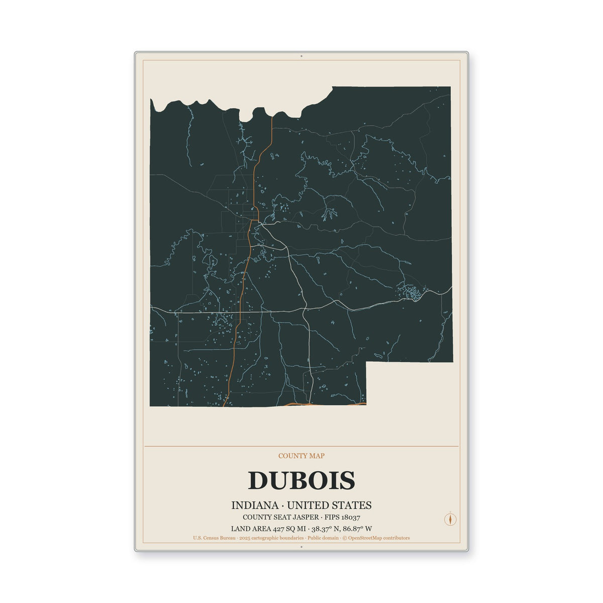 Dubois County, Indiana Map Aluminum Sign in Headline Atlas style