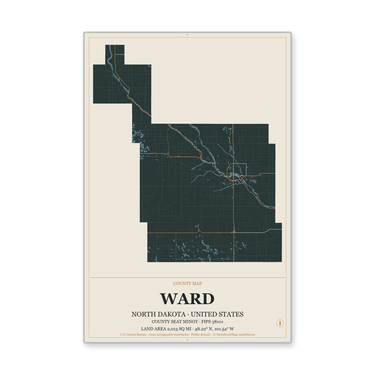 Ward County, North Dakota Map Aluminum Sign in Headline Atlas style