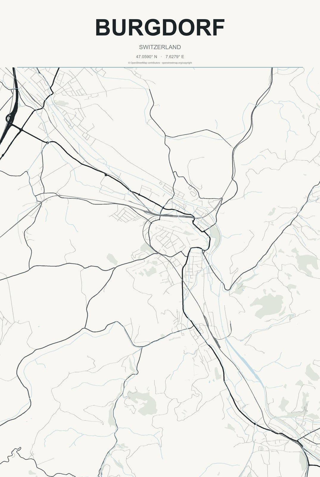 Burgdorf, Switzerland City Map Aluminum Sign in Headline Atlas style