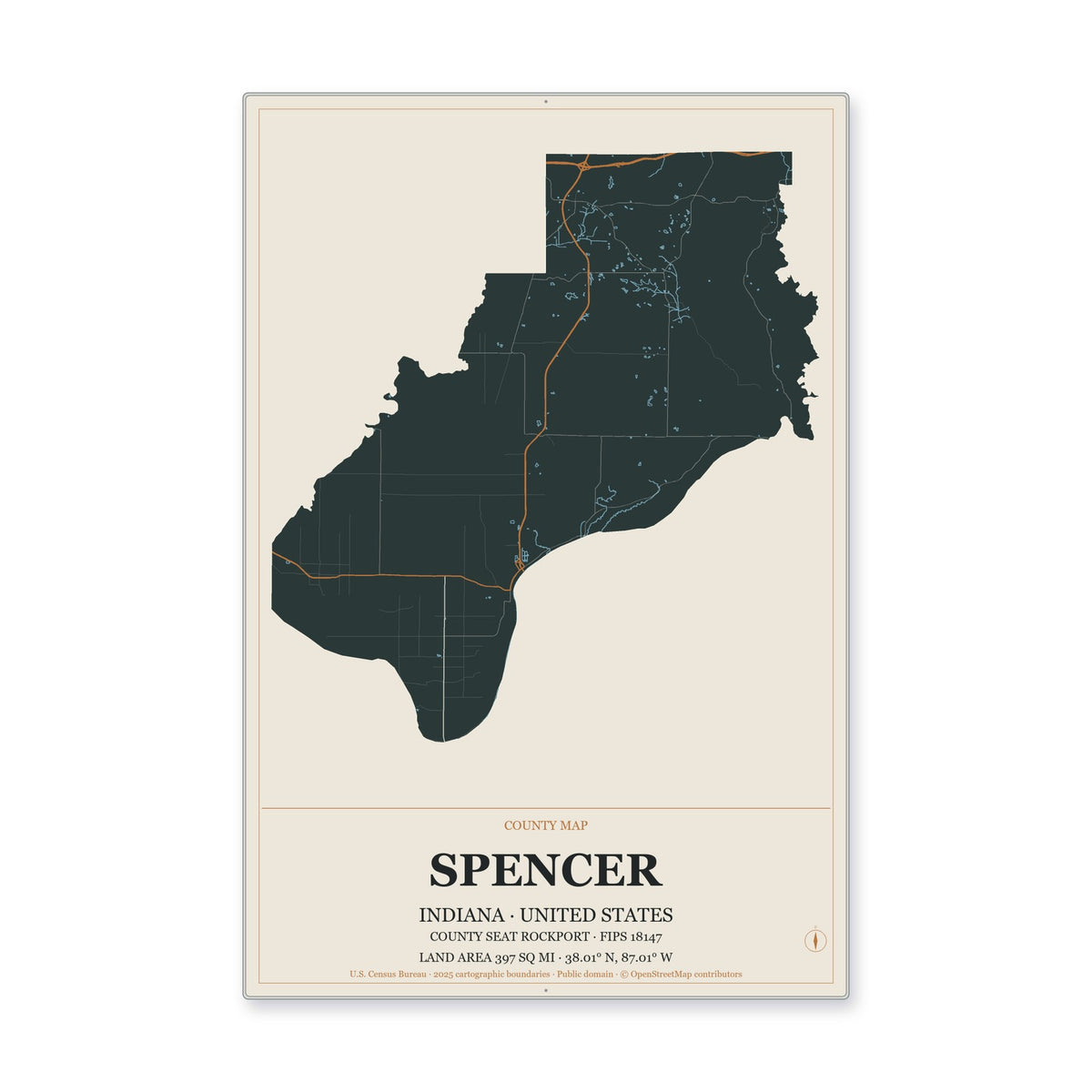 Spencer County, Indiana Map Aluminum Sign in Headline Atlas style