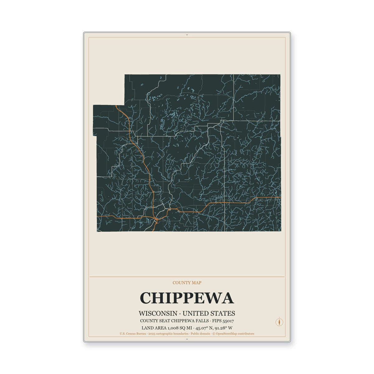 Chippewa County, Wisconsin Map Aluminum Sign in Headline Atlas style