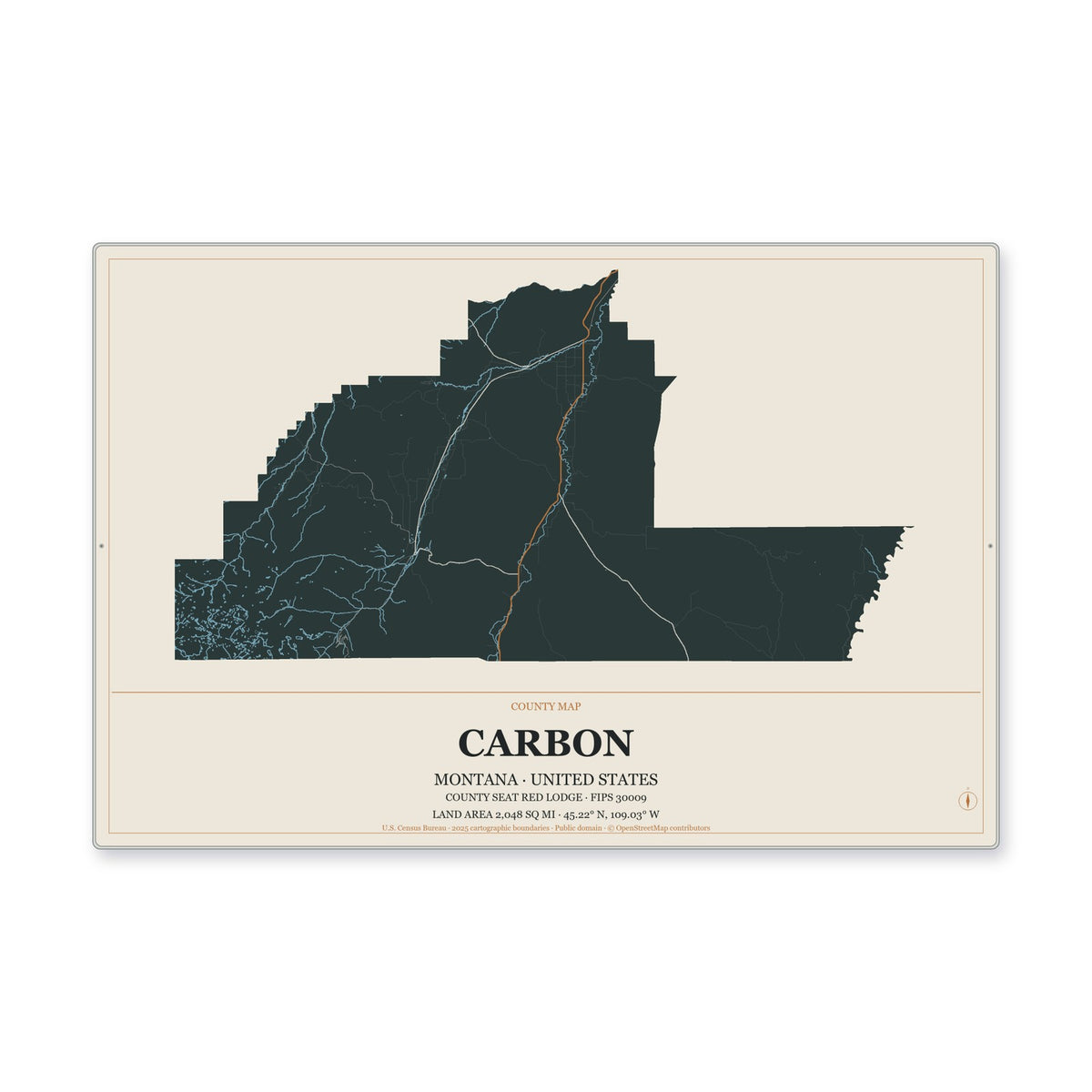 Carbon County, Montana Map Aluminum Sign in Headline Atlas style