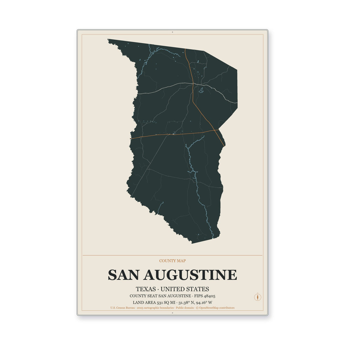 San Augustine County, Texas Map Aluminum Sign in Headline Atlas style