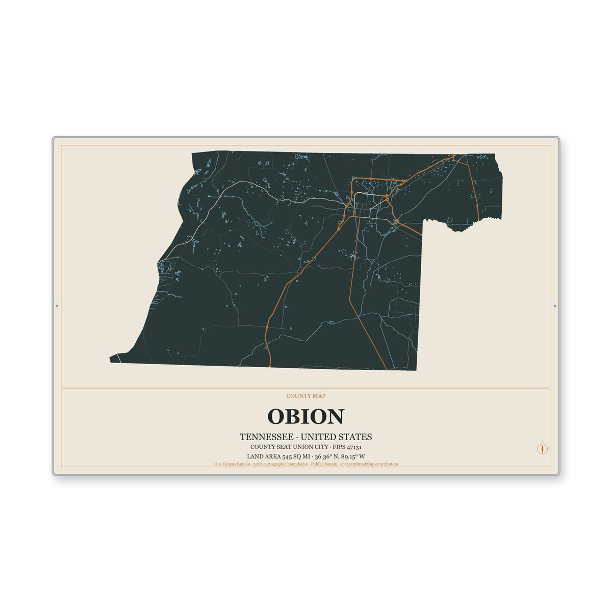 Obion County, Tennessee Map Aluminum Sign in Headline Atlas style