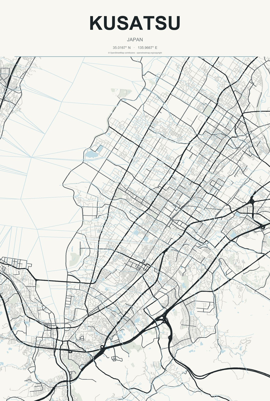 Kusatsu, Japan City Map Aluminum Sign in Headline Atlas style