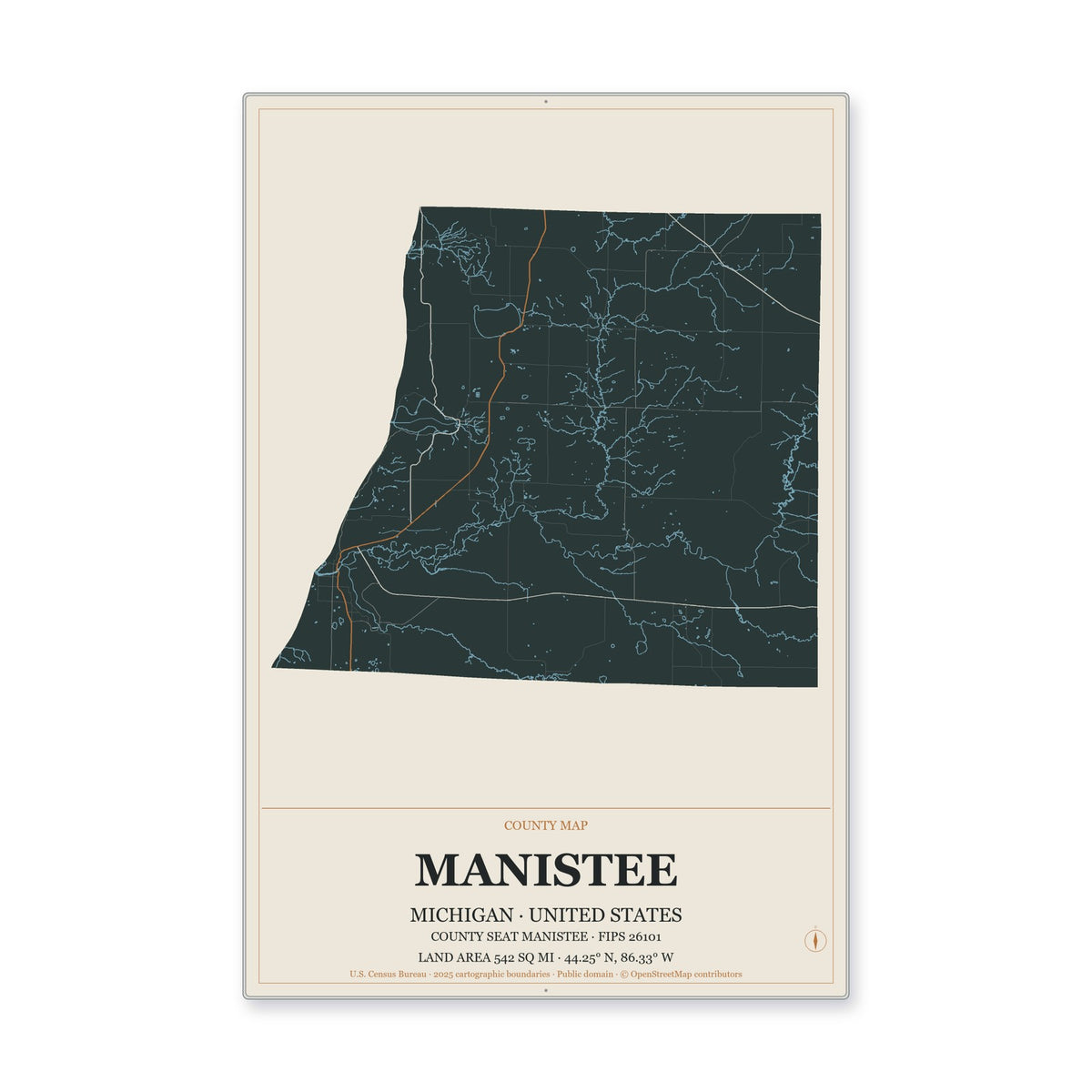 Manistee County, Michigan Map Aluminum Sign in Headline Atlas style
