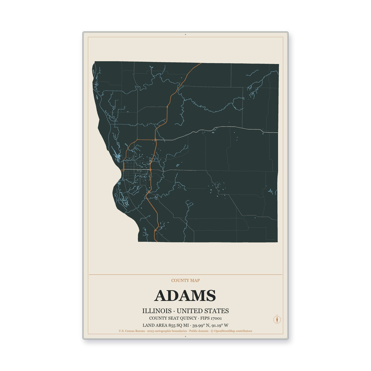 Adams County, Illinois Map Aluminum Sign in Headline Atlas style