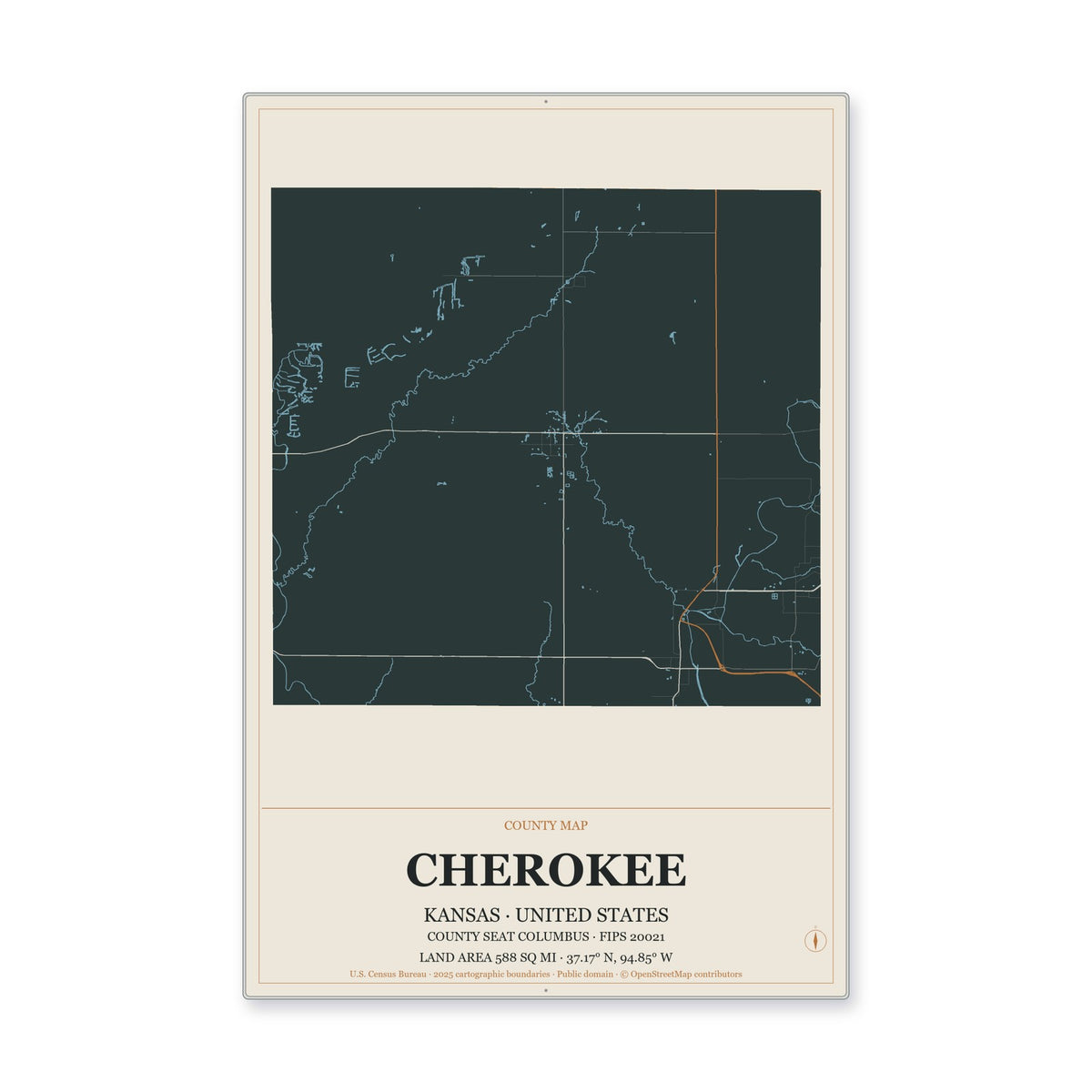 Cherokee County, Kansas Map Aluminum Sign in Headline Atlas style